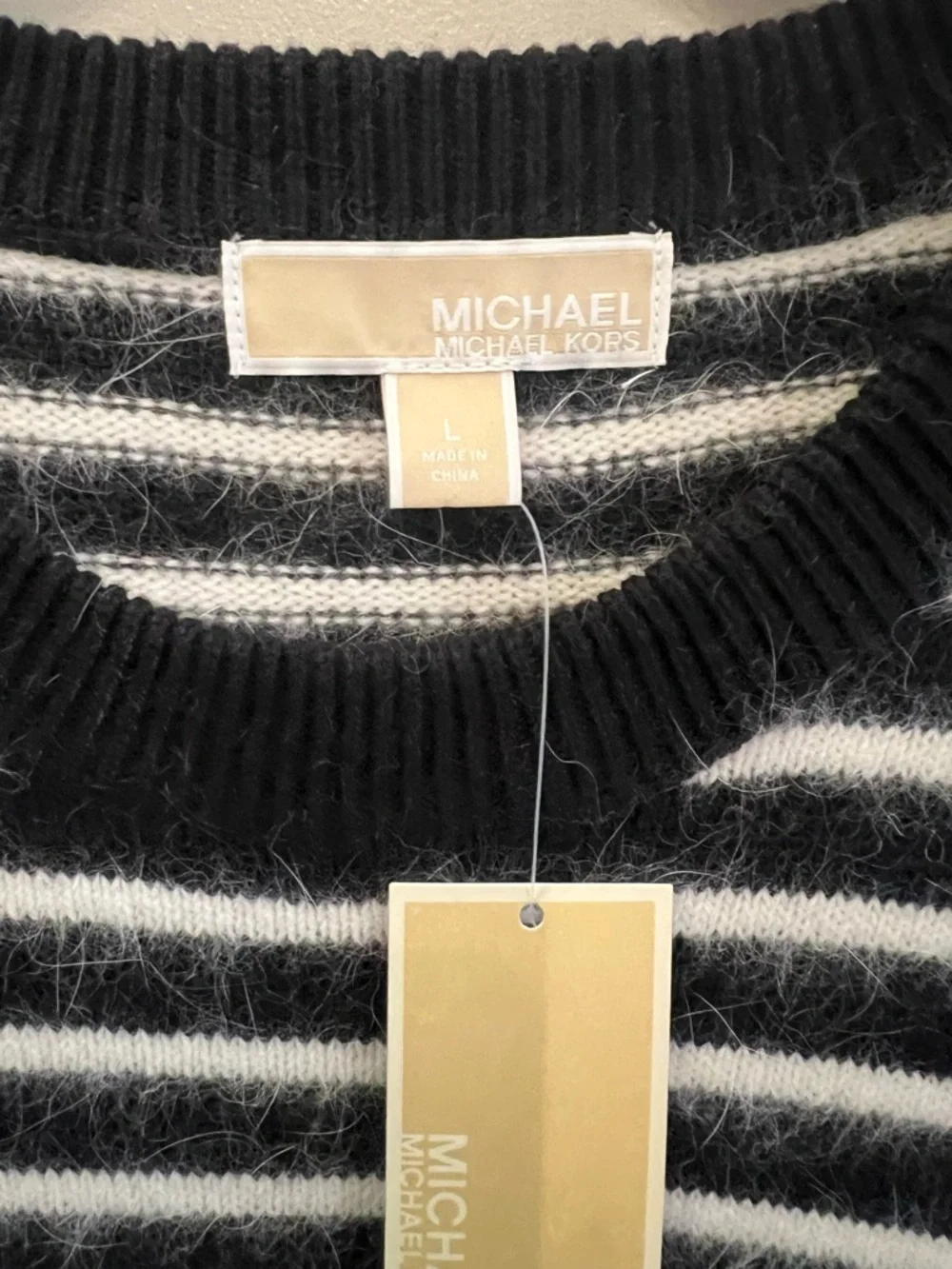 Michael Kors Black and White Striped Crewneck Sweater